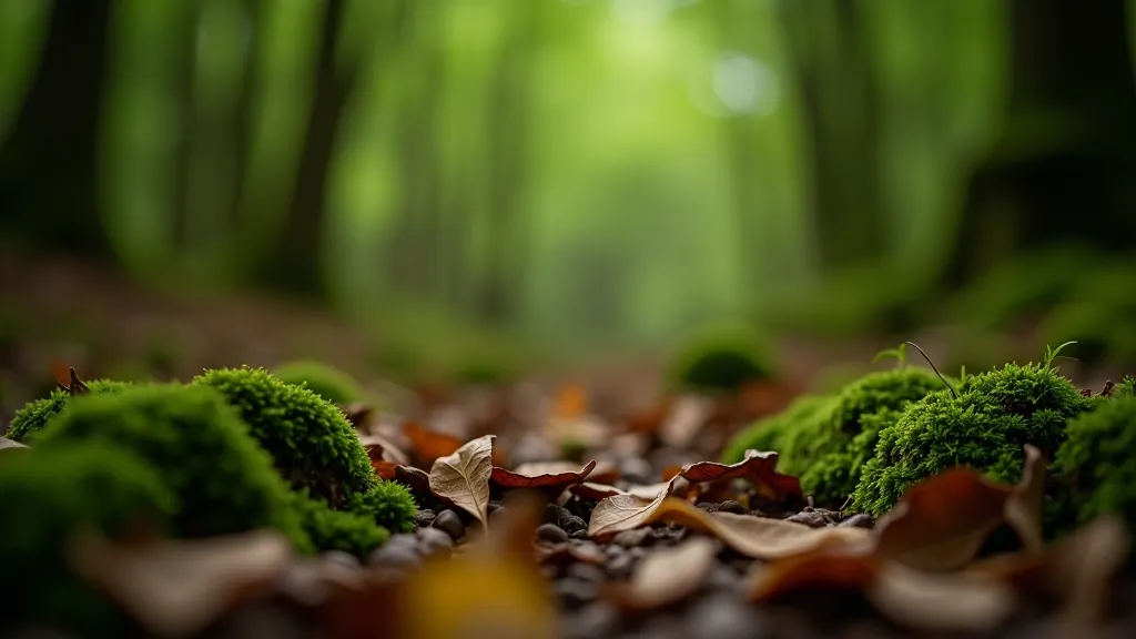 Close-up of forest floor with moss-covered rocks and fallen leaves in soft natural light
