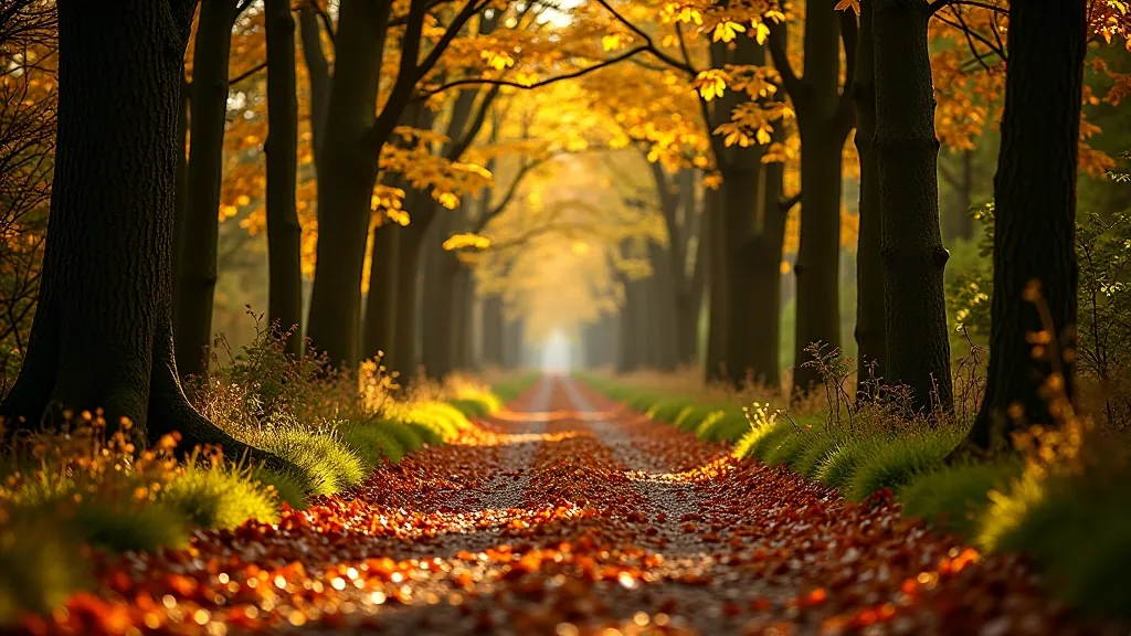 Forest path with autumn leaves scattered on the ground, trees creating natural archway