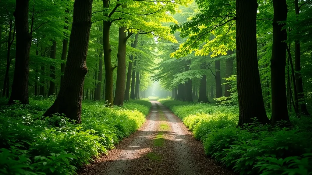 Forest trail with dense trees on both sides and dappled sunlight filtering through the canopy at Gougane Barra