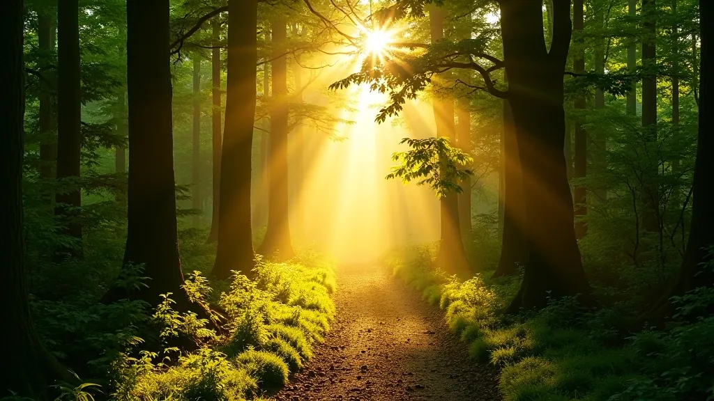 Sunlight filtering through ancient woodland canopy