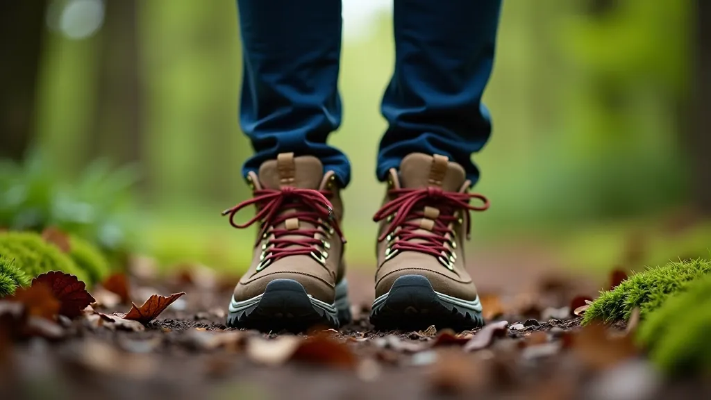 Hiking boots on a forest path with moss and fallen leaves, outdoor activity setting
