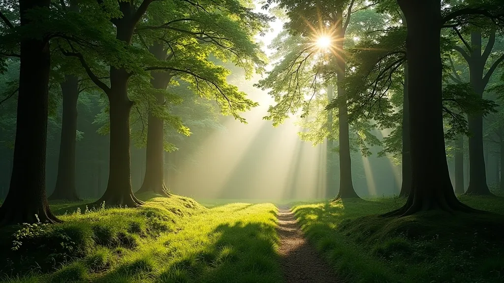 Serene woodland forest with sunlight filtering through ancient trees, misty morning atmosphere, peaceful natural environment