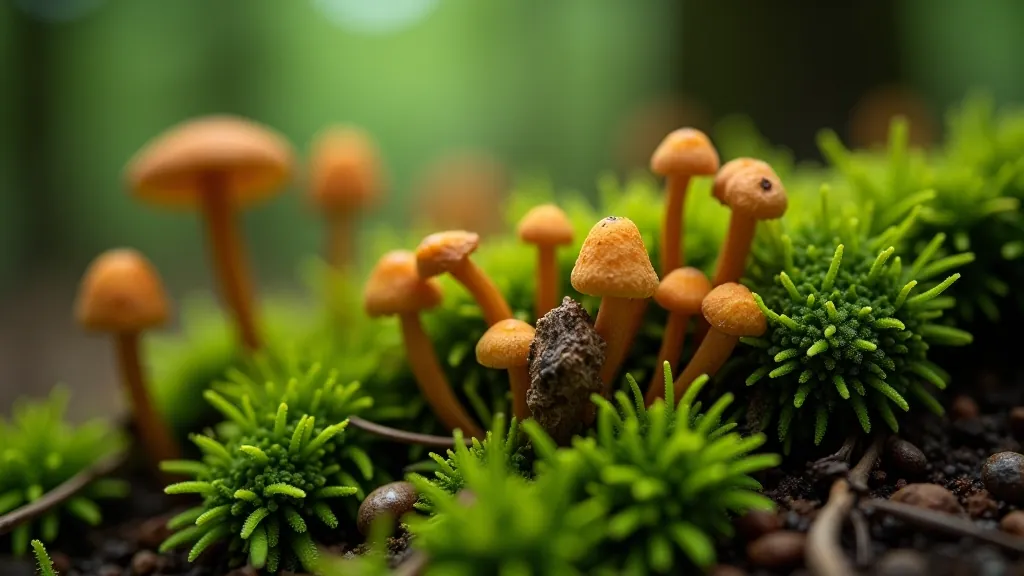 Close-up of moss and fungi growing on forest floor near tree roots