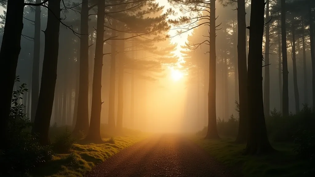 Early morning forest with mist hovering over the ground and soft golden light filtering through the trees