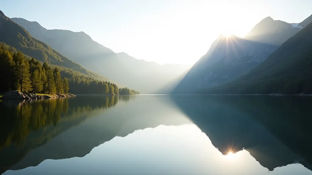 Mountain peaks reflected in still lake water with forest at the shoreline, golden hour lighting