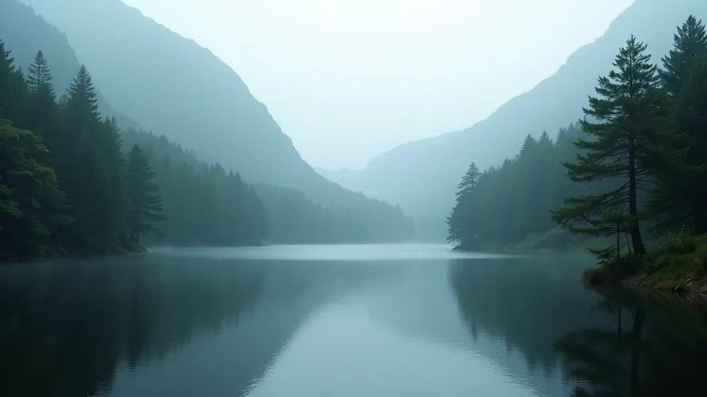 Mountain lake surrounded by forest with misty morning atmosphere at Gougane Barra