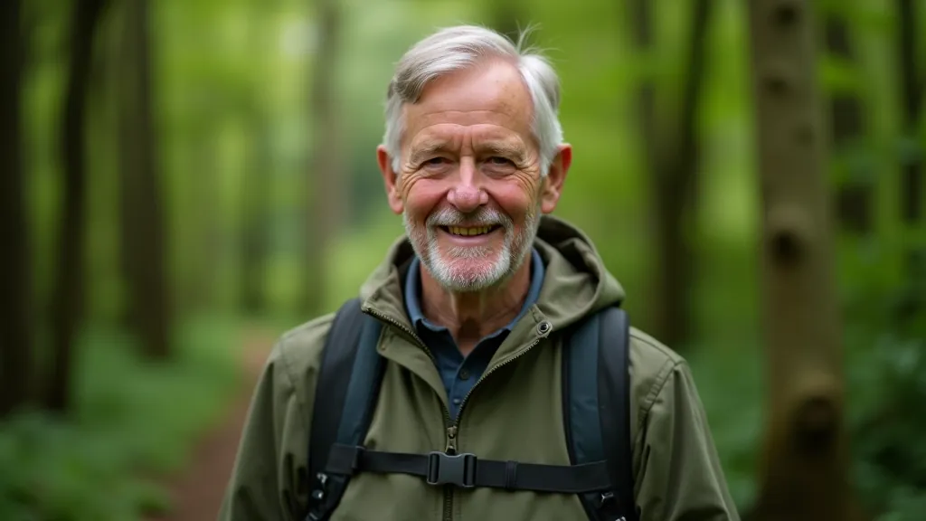 Hiker in casual walking clothes standing on a forest path, smiling