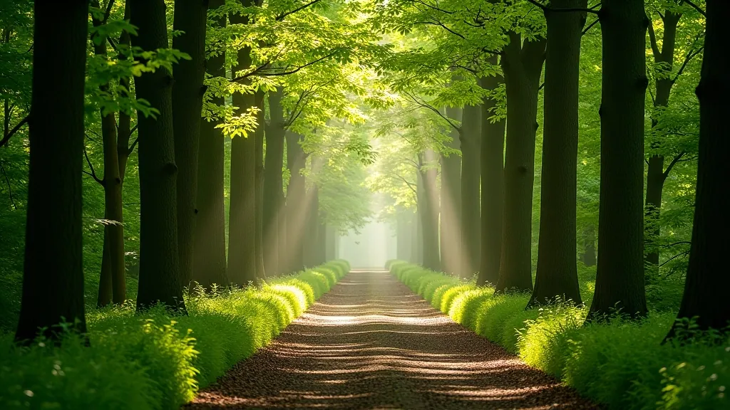 Peaceful woodland path with mature trees lining both sides, soft natural lighting, tranquil forest environment perfect for contemplative walking