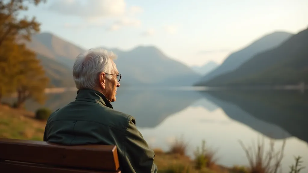 Person sitting on a wooden bench overlooking a mountain lake, peaceful outdoor moment
