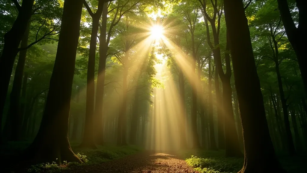 Sunlight streaming through tall trees creating natural pathways of light through the woodland canopy