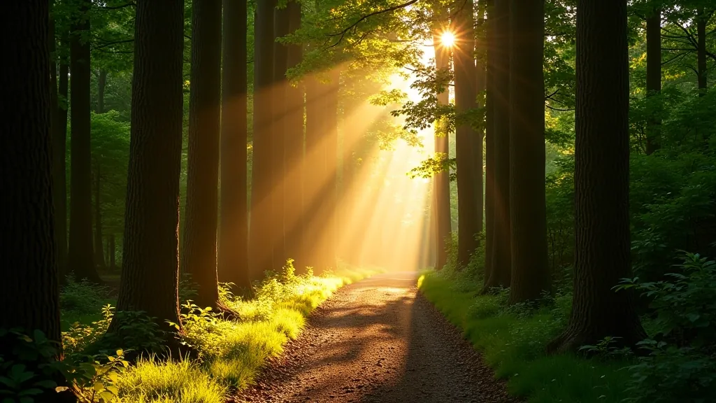 Sunlit forest path lined with tall trees at Avondale Forest Park