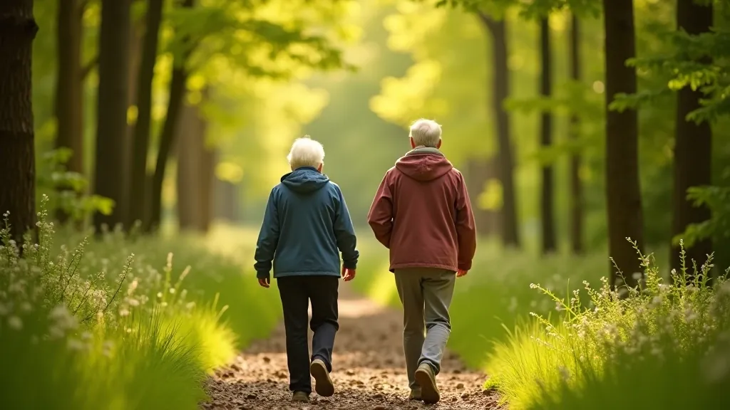 Senior couple walking together on a quiet forest trail surrounded by dense woodland