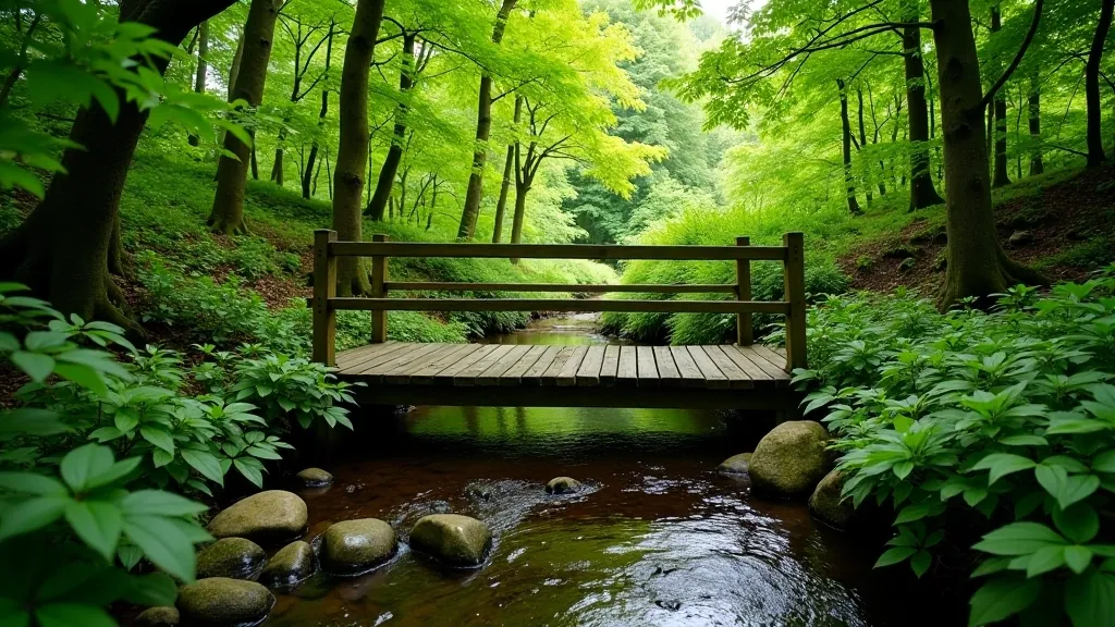 Wooden bridge crossing a small stream in a lush green forest